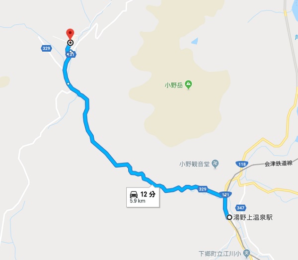 湯野上温泉駅から大内宿への地図