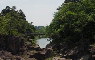 厳美渓の初夏の緑の風景写真