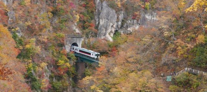 鳴子峡の電車の風景写真